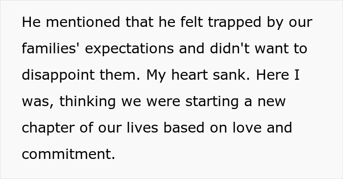 Text excerpt revealing groom’s unexpected feelings about bride, highlighting couple split at altar and emotional support sought by bride.