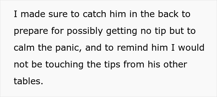 Text on a white background describing a waitress preparing staff for a possible no tip while managing her entitled behavior. Text on a white background describing a waitress preparing staff for a possible no tip while managing her entitled behavior.