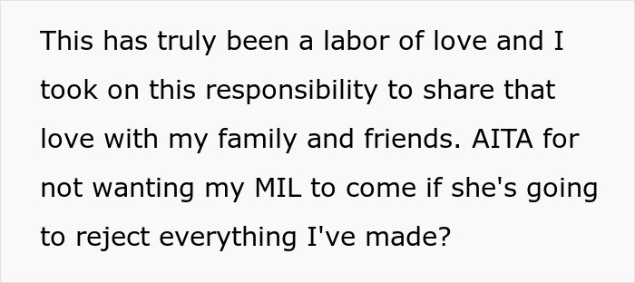 Text post about a picky-eater MIL demanding to bring her own food to Thanksgiving, causing tension with DIL. Text post about a picky-eater MIL demanding to bring her own food to Thanksgiving, causing tension with DIL.