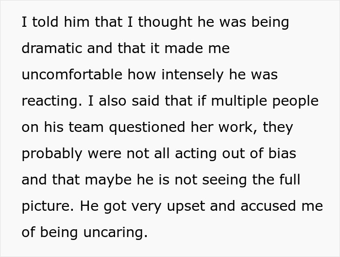 Text excerpt about a boyfriend in tears over misogyny involving a female colleague, with a jealous girlfriend feeling uncomfortable. Text excerpt about a boyfriend in tears over misogyny involving a female colleague, with a jealous girlfriend feeling uncomfortable.