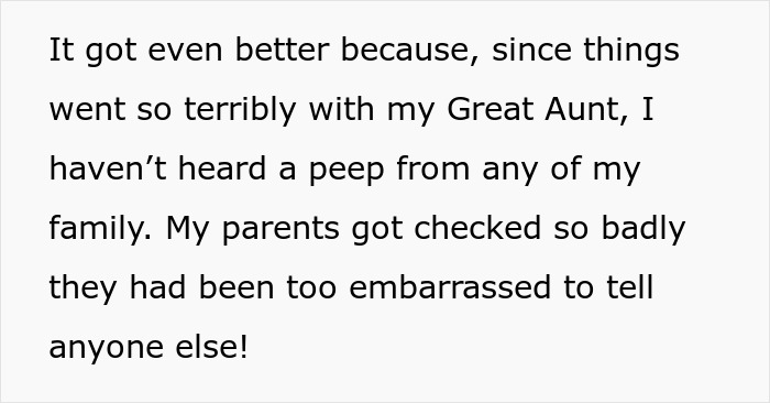Text excerpt discussing bride&rsquo;s parents causing drama and being criticized by great aunt, leading to family estrangement.
