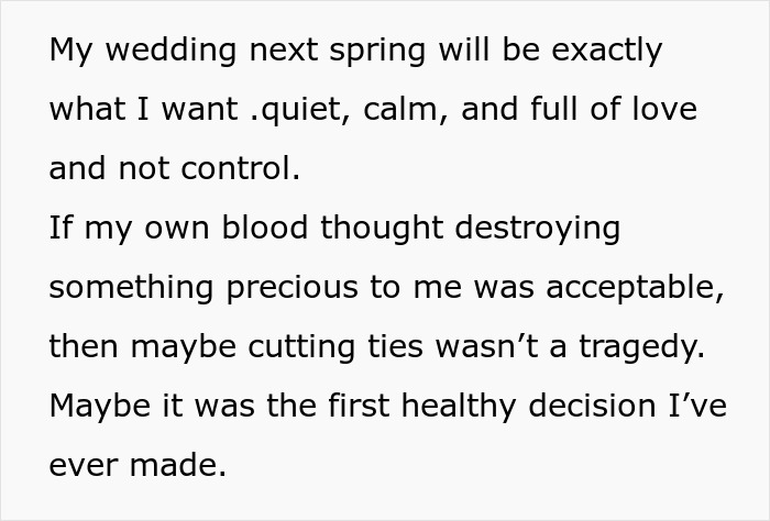 Text about a man planning a small wedding and cutting off parents after their revenge, focusing on family conflict.
