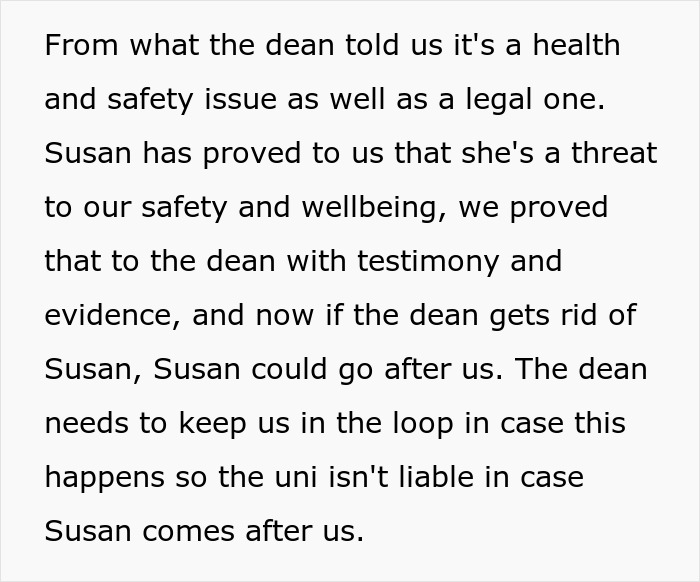 Text discussing a health and safety issue involving Susan, with concerns about liability and potential retaliation at a university. Text discussing a health and safety issue involving Susan, with concerns about liability and potential retaliation at a university.