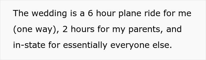 Text on a white background discussing wedding travel details including a six-hour plane ride and local guests.