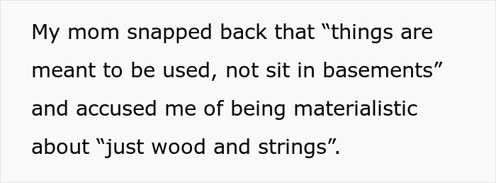 Text excerpt with a quote about a mom insisting items are meant to be used, not stored, on materialism. Text excerpt with a quote about a mom insisting items are meant to be used, not stored, on materialism.