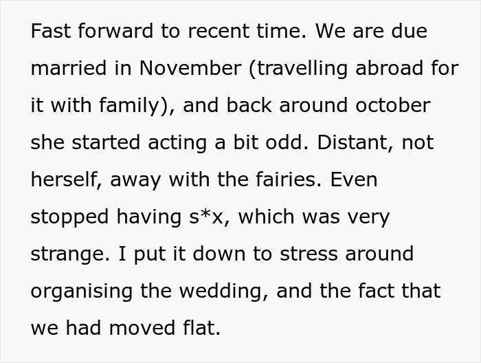 Text excerpt discussing fiancée’s unexpected request months before wedding causing stress and doubt for the man. Text excerpt discussing fiancée’s unexpected request months before wedding causing stress and doubt for the man.