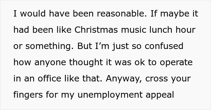 Text screenshot showing a person confused about Christmas music blasting in the office leading to a coworker rage quitting.