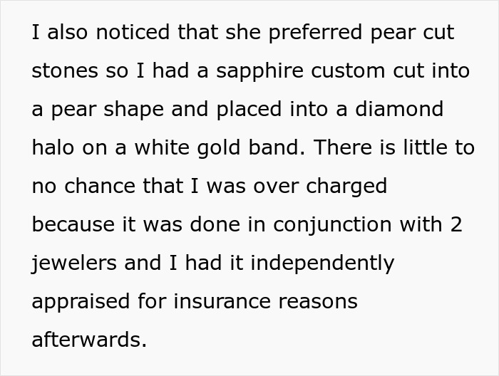 Text about a custom sapphire pear cut stone set in a diamond halo on a white gold band to refuse buying engagement ring. Text about a custom sapphire pear cut stone set in a diamond halo on a white gold band to refuse buying engagement ring.