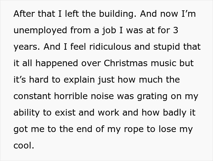 Text excerpt about quitting a job due to frustration with constant Christmas music blasting in the office.