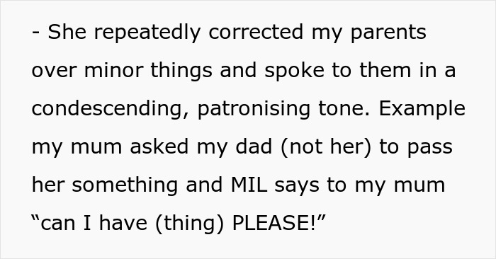 Text excerpt describing a toxic mother-in-law’s condescending behavior during a casual Christmas hosted by a woman.
