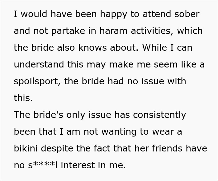 Text excerpt discussing a Muslim daughter-in-law refusing to wear a bikini causing family conflict at a bridal party. Text excerpt discussing a Muslim daughter-in-law refusing to wear a bikini causing family conflict at a bridal party.
