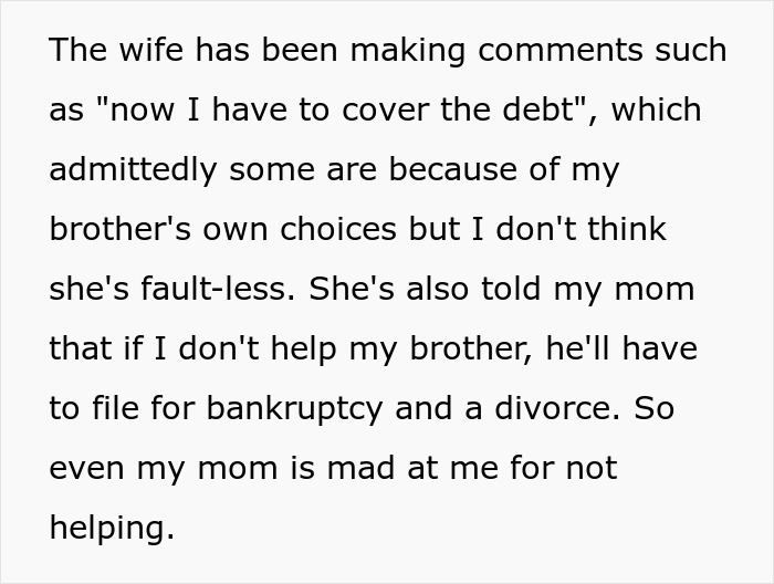 Text excerpt about brother's money troubles, wife blaming him, and family conflict
