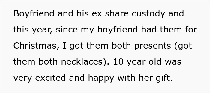 Text excerpt about boyfriend, ex sharing custody, and a 10-year-old happy with gift, related to 13YO hating dad's girlfriend. Text excerpt about boyfriend, ex sharing custody, and a 10-year-old happy with gift, related to 13YO hating dad's girlfriend.