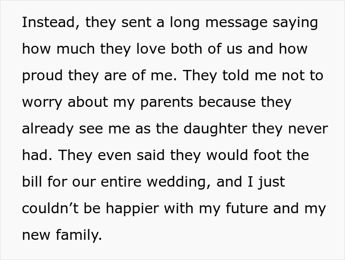 Message expressing love and support despite bride&rsquo;s parents throwing tantrums and being uninvited from the wedding.