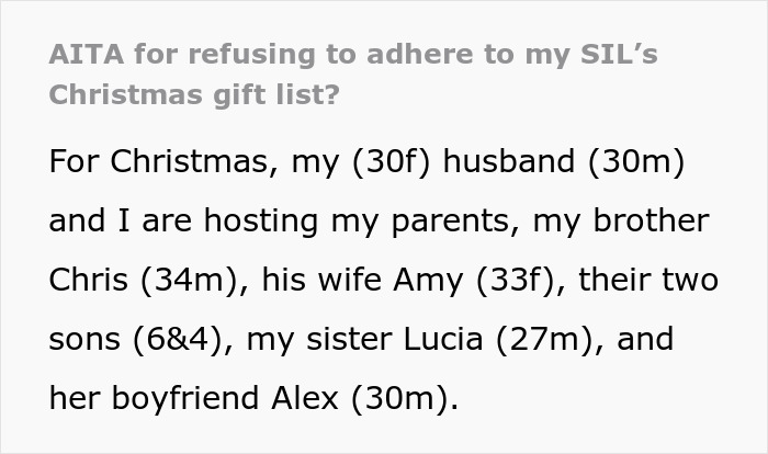 Trecho de texto sobre a recusa em seguir a lista de presentes de Natal da cunhada durante a reunião de férias em família. Trecho de texto sobre a recusa em seguir a lista de presentes de Natal da cunhada durante a reunião de férias em família.
