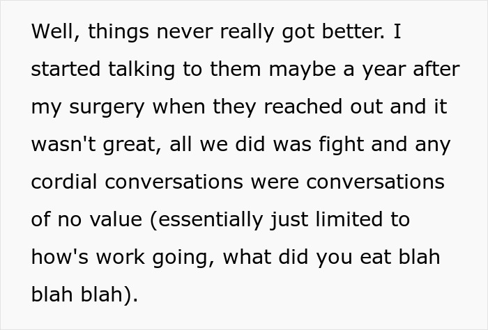 Text excerpt about struggling communication and fights while being held hostage at parents’ place after surgery. Text excerpt about struggling communication and fights while being held hostage at parents’ place after surgery.