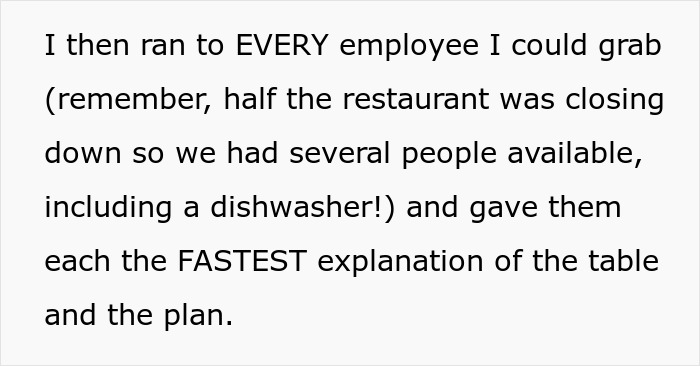 Text on a white background describing a plan involving restaurant employees to serve a perfect dish of revenge.