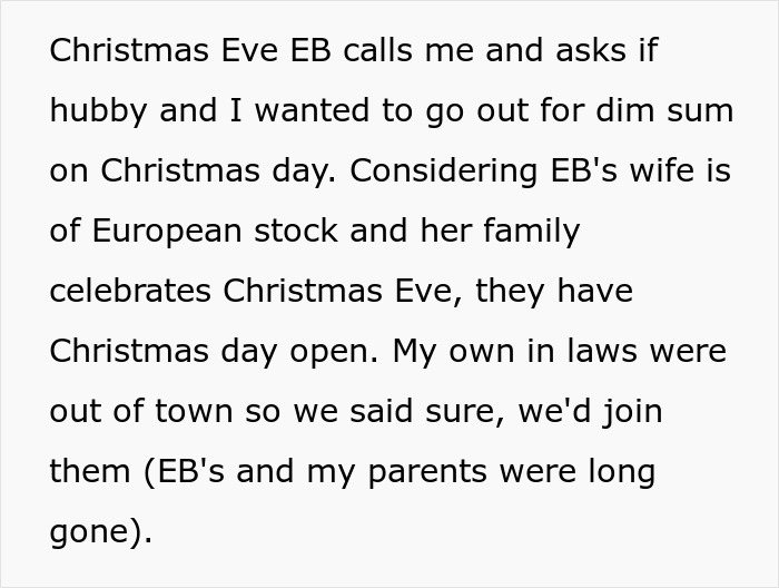 Text excerpt about brother makes bil pay dinner invitation on Christmas Day from family with mixed traditions and plans. Text excerpt about brother makes bil pay dinner invitation on Christmas Day from family with mixed traditions and plans.