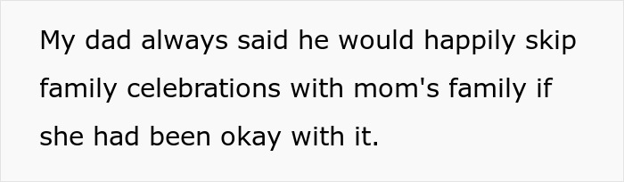 Text snippet showing a quote about a dad skipping family celebrations with late wife’s family, reflecting family conflict. Text snippet showing a quote about a dad skipping family celebrations with late wife’s family, reflecting family conflict.