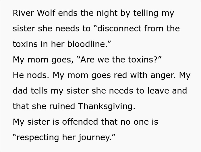 Text excerpt showing a sister’s barefoot spiritual advisor causing comical chaos and getting kicked out at Thanksgiving.