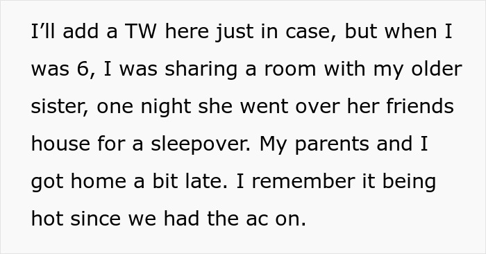 Text excerpt discussing a childhood memory shared by a guy venting online about his girlfriend’s closet door request. Text excerpt discussing a childhood memory shared by a guy venting online about his girlfriend’s closet door request.