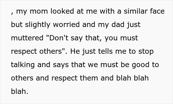 Text excerpt showing a secretly gay teen’s perspective on respect while confronting homophobic parents with dark underlying emotions. Text excerpt showing a secretly gay teen’s perspective on respect while confronting homophobic parents with dark underlying emotions.