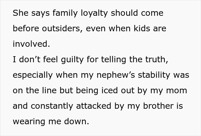 Text excerpt about family loyalty and truth telling in custody court amid brother's abandonment and family drama. Text excerpt about family loyalty and truth telling in custody court amid brother's abandonment and family drama.