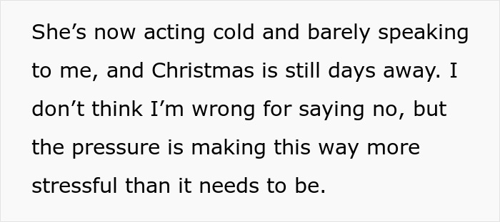 Text excerpt discussing a woman acting cold and stressed over entitlement to a day off on Christmas because of kids.