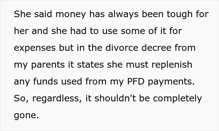 Text discussing a teen questioning missing $30k, with vague answers from mom and references to PFD payments in divorce decree. Text discussing a teen questioning missing $30k, with vague answers from mom and references to PFD payments in divorce decree.