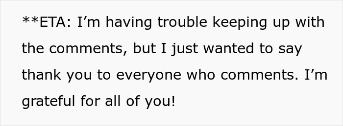 Text on screen showing an update message thanking everyone for comments on a family Disney trip conflict post. Text on screen showing an update message thanking everyone for comments on a family Disney trip conflict post.