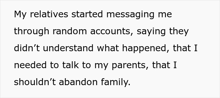Text message showing a man describes relatives messaging him about not understanding his cut off from parents after small wedding plans.