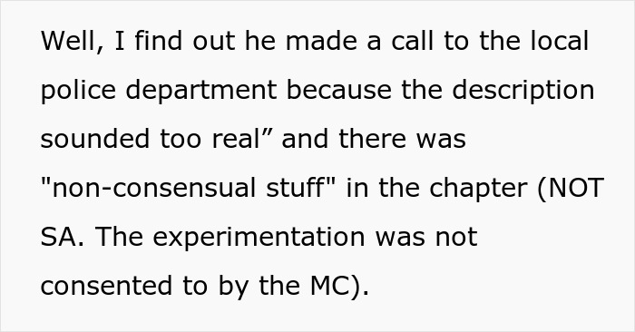 Text excerpt about a woman’s novel leading her boyfriend to call the police over non-consensual content. Text excerpt about a woman’s novel leading her boyfriend to call the police over non-consensual content.