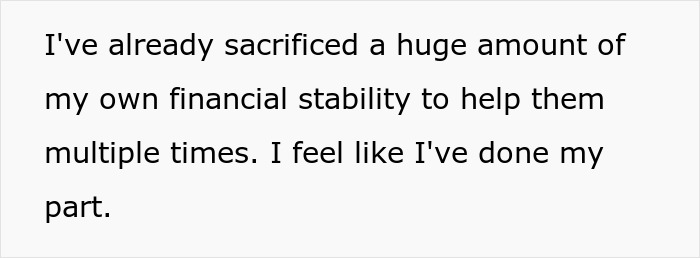 Quote on screen about sacrificing financial stability to help others, mentioning brother money wife family