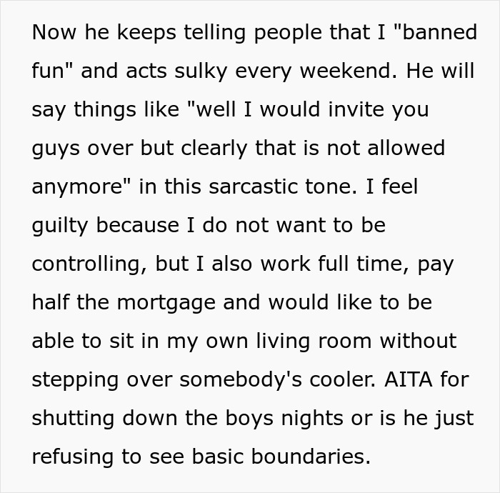 Alt text: Woman shuts down boys’ nights at their house, setting boundaries after friends go too far and create discomfort. Alt text: Woman shuts down boys’ nights at their house, setting boundaries after friends go too far and create discomfort.