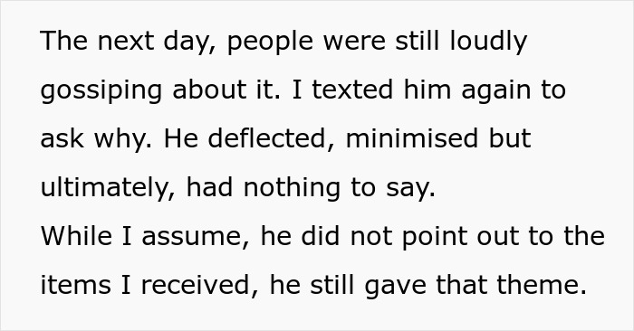Screenshot of text about gossip, texting and partner deflecting after a racist gift revelation Screenshot of text about gossip, texting and partner deflecting after a racist gift revelation