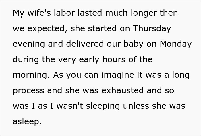 Text discussing a wife's extended labor lasting from Thursday evening to early Monday morning causing exhaustion for both parents. Text discussing a wife's extended labor lasting from Thursday evening to early Monday morning causing exhaustion for both parents.