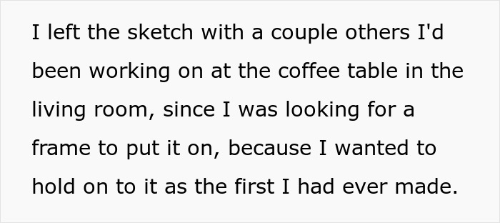 Text excerpt about a daughter's first drawing left on a coffee table, highlighting her emotional attachment.