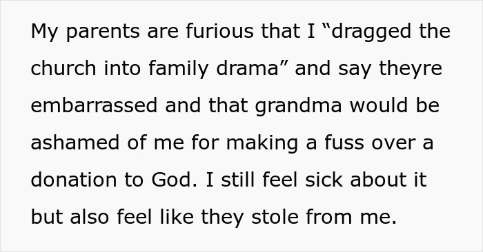 Text discussing parents donating daughter’s inherited piano to church, feeling ashamed after she asks pastor to return it. Text discussing parents donating daughter’s inherited piano to church, feeling ashamed after she asks pastor to return it.