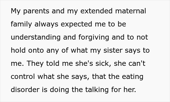 Text discussing parents wanting sisters to reunite despite one threatening the other's life due to an eating disorder condition. Text discussing parents wanting sisters to reunite despite one threatening the other's life due to an eating disorder condition.