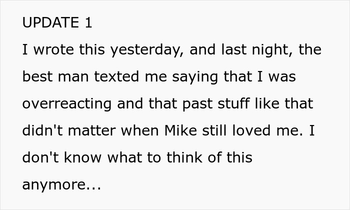 Text update from bride after discovering groom cheated with her mom, expressing confusion and emotional conflict. Text update from bride after discovering groom cheated with her mom, expressing confusion and emotional conflict.