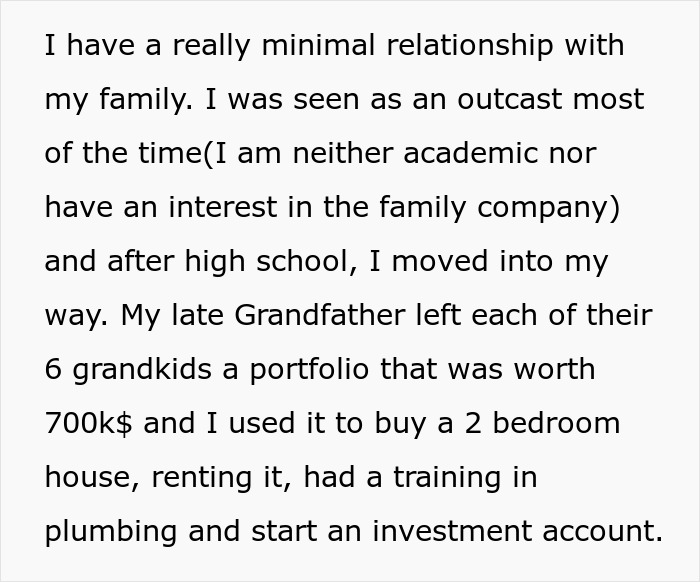 Text excerpt about a minimal family relationship and investment after grandfather's inheritance, relating to funeral wishes. Text excerpt about a minimal family relationship and investment after grandfather's inheritance, relating to funeral wishes.