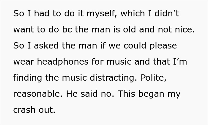 Text excerpt about a man refusing to stop blasting Christmas music in the office causing a coworker to rage quit.