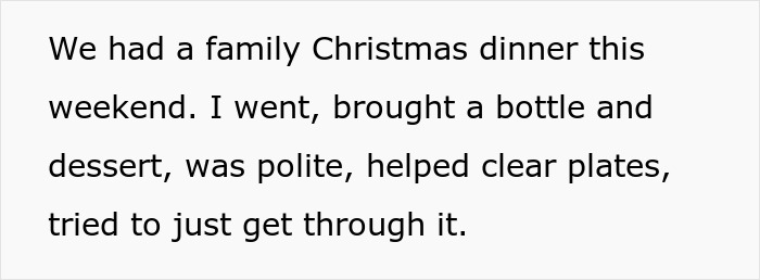 Text excerpt from a guy sharing his experience at a family Christmas dinner involving uncle’s jokes and family tension. Text excerpt from a guy sharing his experience at a family Christmas dinner involving uncle’s jokes and family tension.