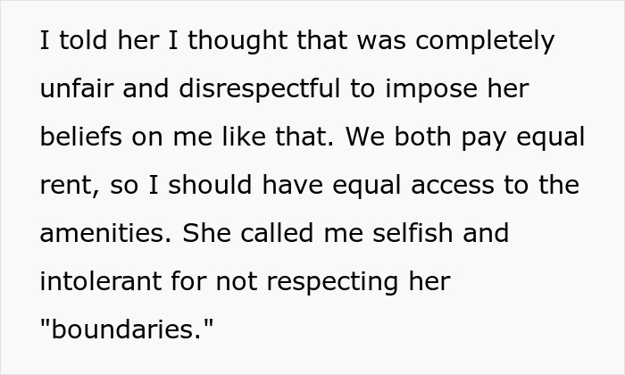 Text about person refusing to follow roommate’s strict vegan rules in shared kitchen and being called selfish. Text about person refusing to follow roommate’s strict vegan rules in shared kitchen and being called selfish.