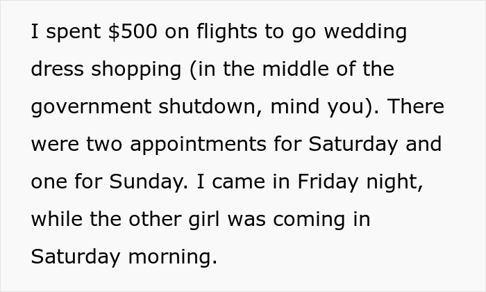 Text describing a costly wedding dress shopping trip during a government shutdown leading to a painful friendship wake-up call.