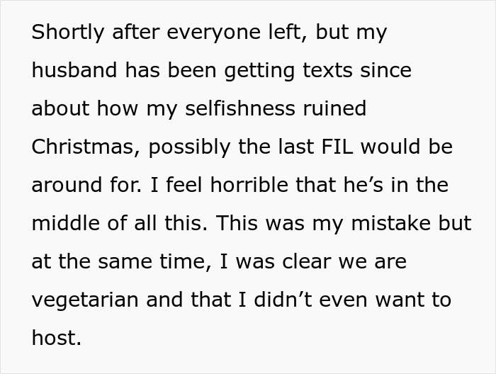 Text excerpt about family conflict after vegetarian host did not prepare ham for Christmas dinner. Text excerpt about family conflict after vegetarian host did not prepare ham for Christmas dinner.