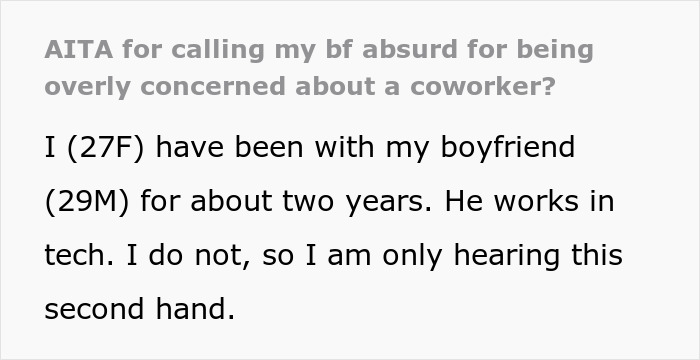 Text excerpt discussing a boyfriend in tears over misogyny involving a female colleague and a jealous girlfriend feeling uncomfortable.