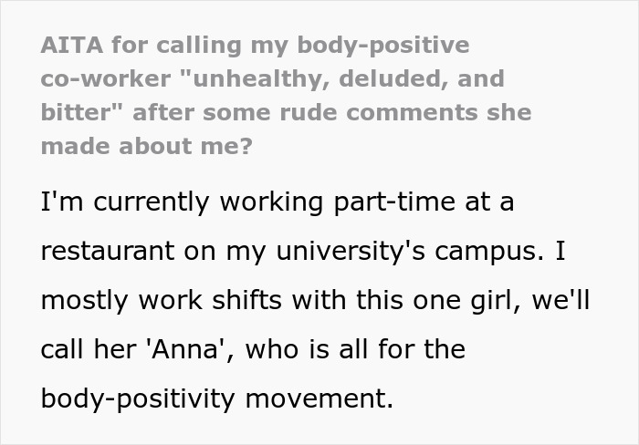 Text excerpt about woman fed up with coworker preaching body positivity while skinny-shaming and blowing up at her.