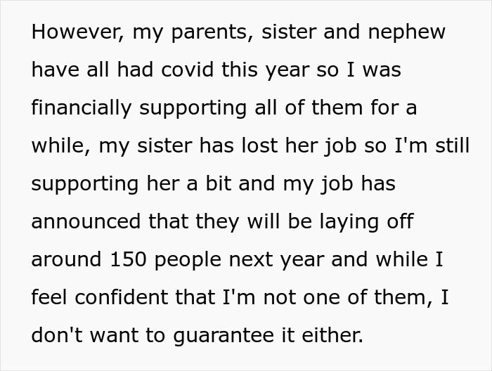Paragraph discussing financial strain from family health issues, job loss, and concerns about potential layoffs amid refusal to buy engagement ring. Paragraph discussing financial strain from family health issues, job loss, and concerns about potential layoffs amid refusal to buy engagement ring.