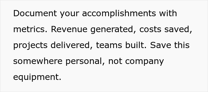 Text on paper advising to document accomplishments with metrics like revenue and projects, highlighting job safety red flags.